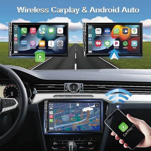 Wireless 7 Inch Double Din Car Stereo with Apple Carplay,HD 1024 * 600 Touch Screen,FM Car Radio Receiver with Bluetooth 5.1 Hands-Free,GPS Navigation,Backup Camera,Android Auto,USB/AUX/TF/SWC/EQ