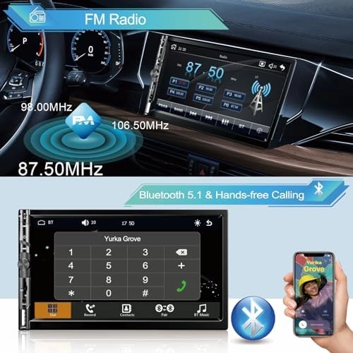 Wireless 7 Inch Double Din Car Stereo with Apple Carplay,HD 1024 * 600 Touch Screen,FM Car Radio Receiver with Bluetooth 5.1 Hands-Free,GPS Navigation,Backup Camera,Android Auto,USB/AUX/TF/SWC/EQ