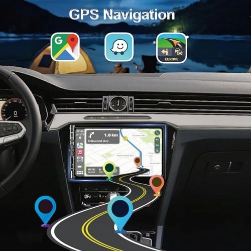 Wireless 7 Inch Double Din Car Stereo with Apple Carplay,HD 1024 * 600 Touch Screen,FM Car Radio Receiver with Bluetooth 5.1 Hands-Free,GPS Navigation,Backup Camera,Android Auto,USB/AUX/TF/SWC/EQ
