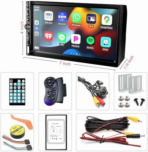 Wireless 7 Inch Double Din Car Stereo with Apple Carplay,HD 1024 * 600 Touch Screen,FM Car Radio Receiver with Bluetooth 5.1 Hands-Free,GPS Navigation,Backup Camera,Android Auto,USB/AUX/TF/SWC/EQ