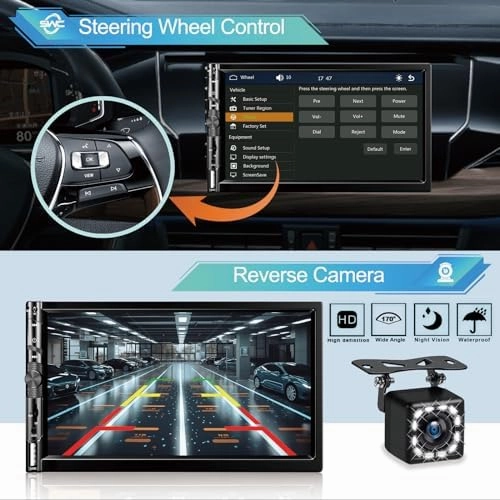 Wireless 7 Inch Double Din Car Stereo with Apple Carplay,HD 1024 * 600 Touch Screen,FM Car Radio Receiver with Bluetooth 5.1 Hands-Free,GPS Navigation,Backup Camera,Android Auto,USB/AUX/TF/SWC/EQ