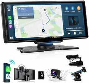 Wireless Carplay Screen for Car, 10.26" Android Auto Screen Compatible with A-pple CarPlay, 4K Front & 1080P Rear Cameras Loop Recording, FM, AUX, BT, MirrorLink, Voice Control, Navigation for iOS 10 