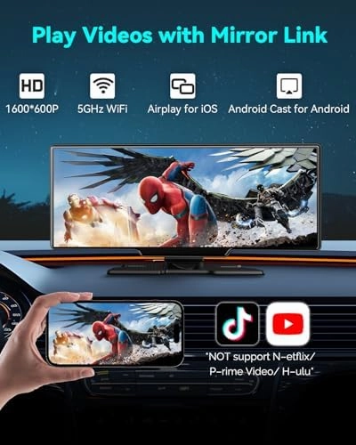 Wireless Carplay Screen for Car, 10.26" Android Auto Screen Compatible with A-pple CarPlay, 4K Front & 1080P Rear Cameras Loop Recording, FM, AUX, BT, MirrorLink, Voice Control, Navigation for iOS 10 