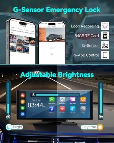Wireless Carplay Screen for Car, 10.26" Android Auto Screen Compatible with A-pple CarPlay, 4K Front & 1080P Rear Cameras Loop Recording, FM, AUX, BT, MirrorLink, Voice Control, Navigation for iOS 10 