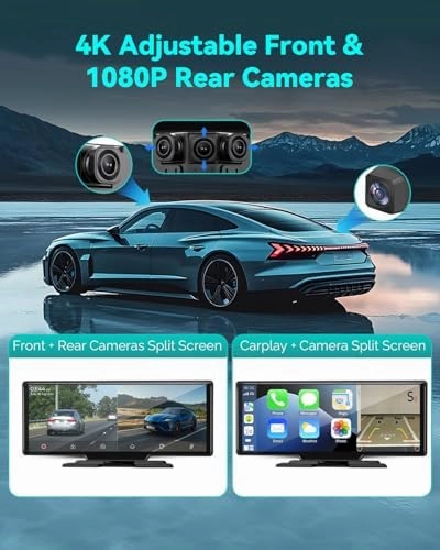 Wireless Carplay Screen for Car, 10.26" Android Auto Screen Compatible with A-pple CarPlay, 4K Front & 1080P Rear Cameras Loop Recording, FM, AUX, BT, MirrorLink, Voice Control, Navigation for iOS 10 