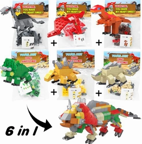 WODMAZ 24 Packs Dinosaur Building Blocks, 6 in 1 Dinosaur Toys Building Set for Kids Goodie Bags Birthday Gifts, Easter Basket Stuffers, Valentine Party Favor