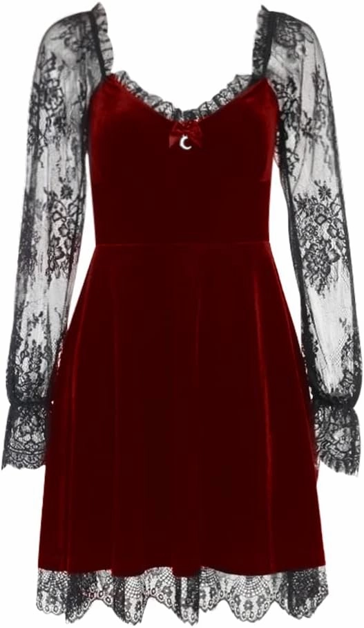 Women Gothic Lolita Dress Black Vintage Grunge Velvet Cocktail Party Dress Lace Patchwork Mesh Long Sleeve Punk Goth Dress