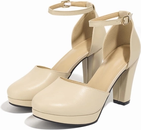 Women's High Block Heels Pumps Round Closed Toe Ankle Strap Dress Wedding Shoes