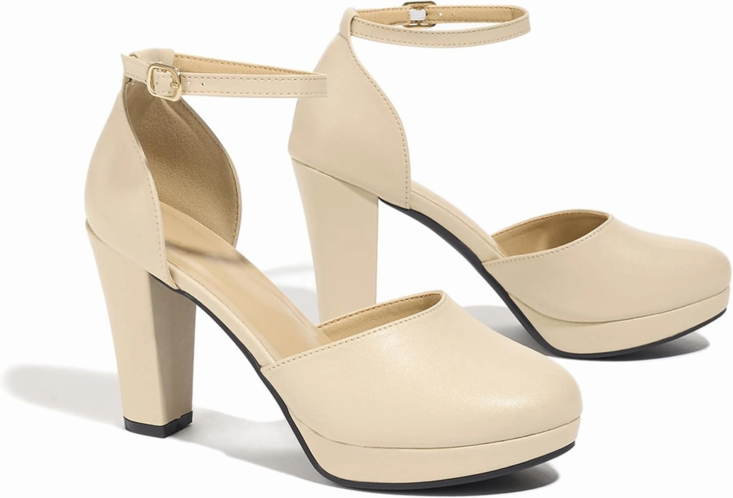 Women's High Block Heels Pumps Round Closed Toe Ankle Strap Dress Wedding Shoes
