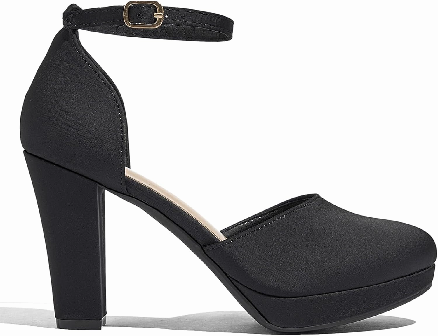 Women's High Block Heels Pumps Round Closed Toe Ankle Strap Dress Wedding Shoes