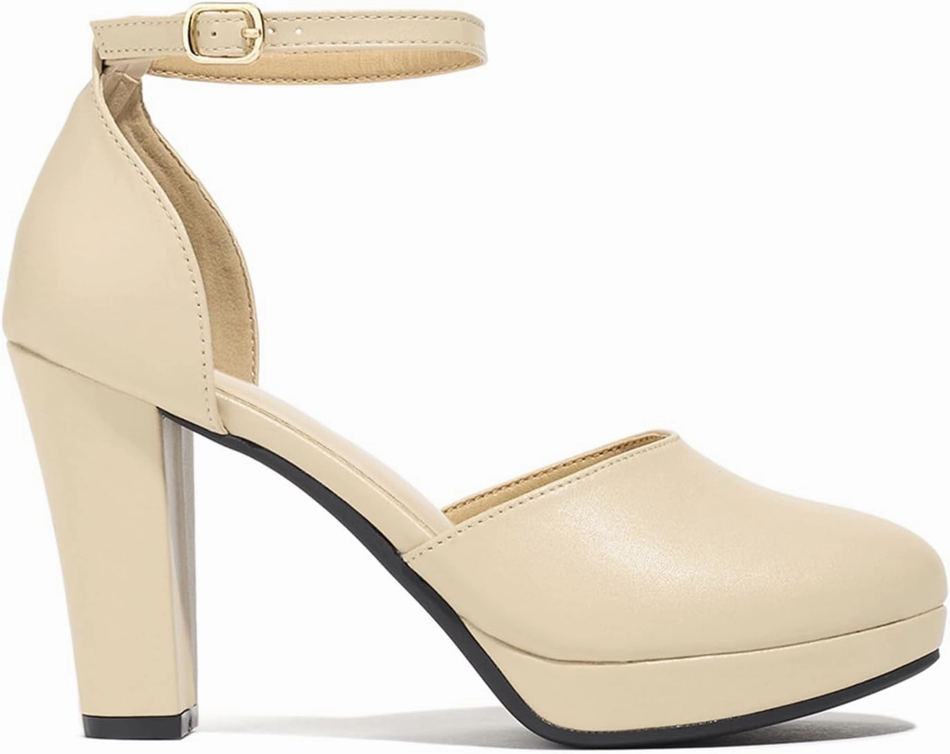 Women's High Block Heels Pumps Round Closed Toe Ankle Strap Dress Wedding Shoes