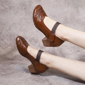 Women's Leather Printed Chunky Heel Mary Jane Shoes, Fashion Vintage Closed Wide Toe Adjustable Hook and Loop Low Block Heel Pumps, Comfortable Breathable Casual Backless Mom Pumps