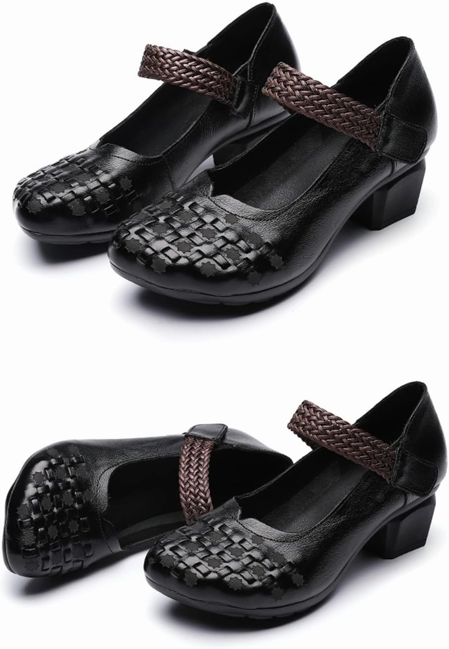 Women's Leather Printed Chunky Heel Mary Jane Shoes, Fashion Vintage Closed Wide Toe Adjustable Hook and Loop Low Block Heel Pumps, Comfortable Breathable Casual Backless Mom Pumps