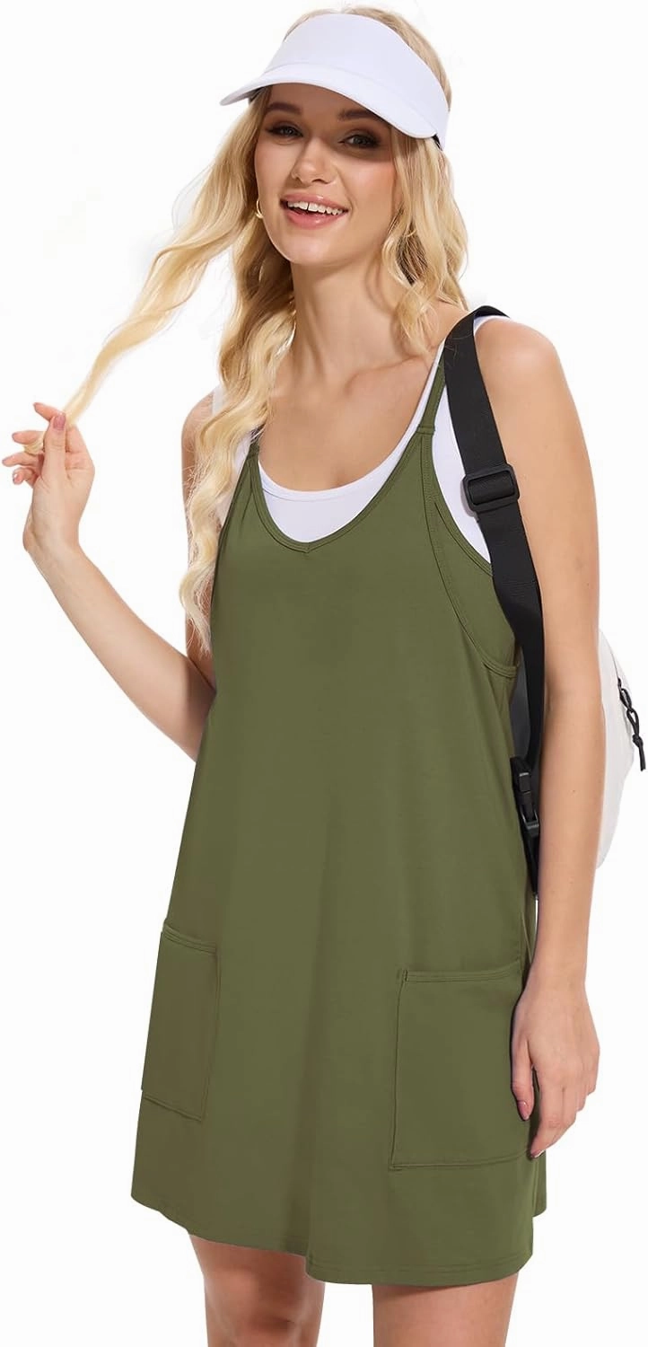 Women Tennis Workout Romper Mini Dress Summer Sleeveless Spaghetti Strap Athletic Sports Dress with Shorts