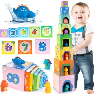 Wooden Baby Nesting Toys with 8 Nesting Boxes, Stacking&Nesting Blocks for Toddlers 1-3, Preschool Toys for Learning Colors, Sizes, Numbers and Planets |Bonus 6 Pcs Hole Dinosaur Bathtub Toy
