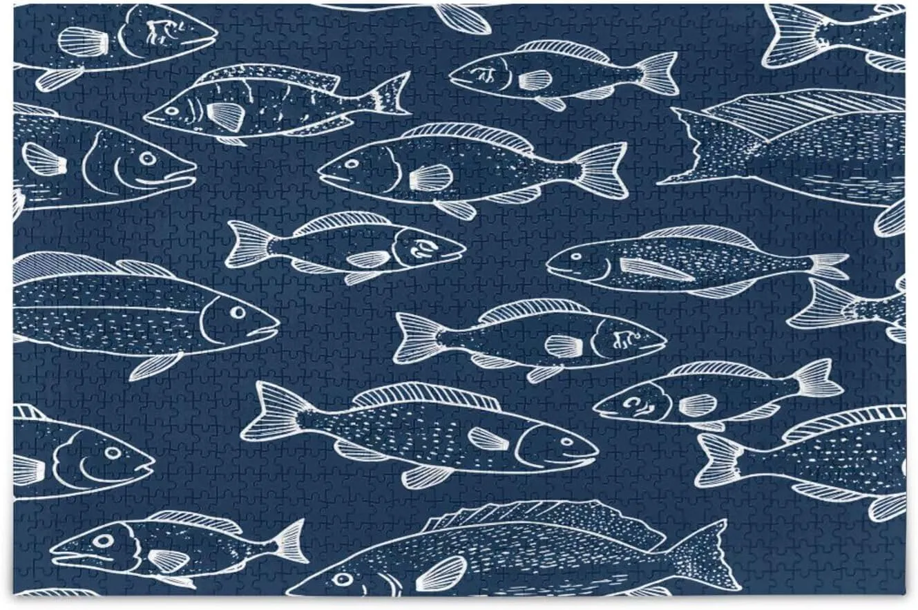 Wooden Puzzle Fish Dark Blue Hard Challenging Exercise Intellegent Wall Decor Suitable for Teenager or Adult 500 PCS