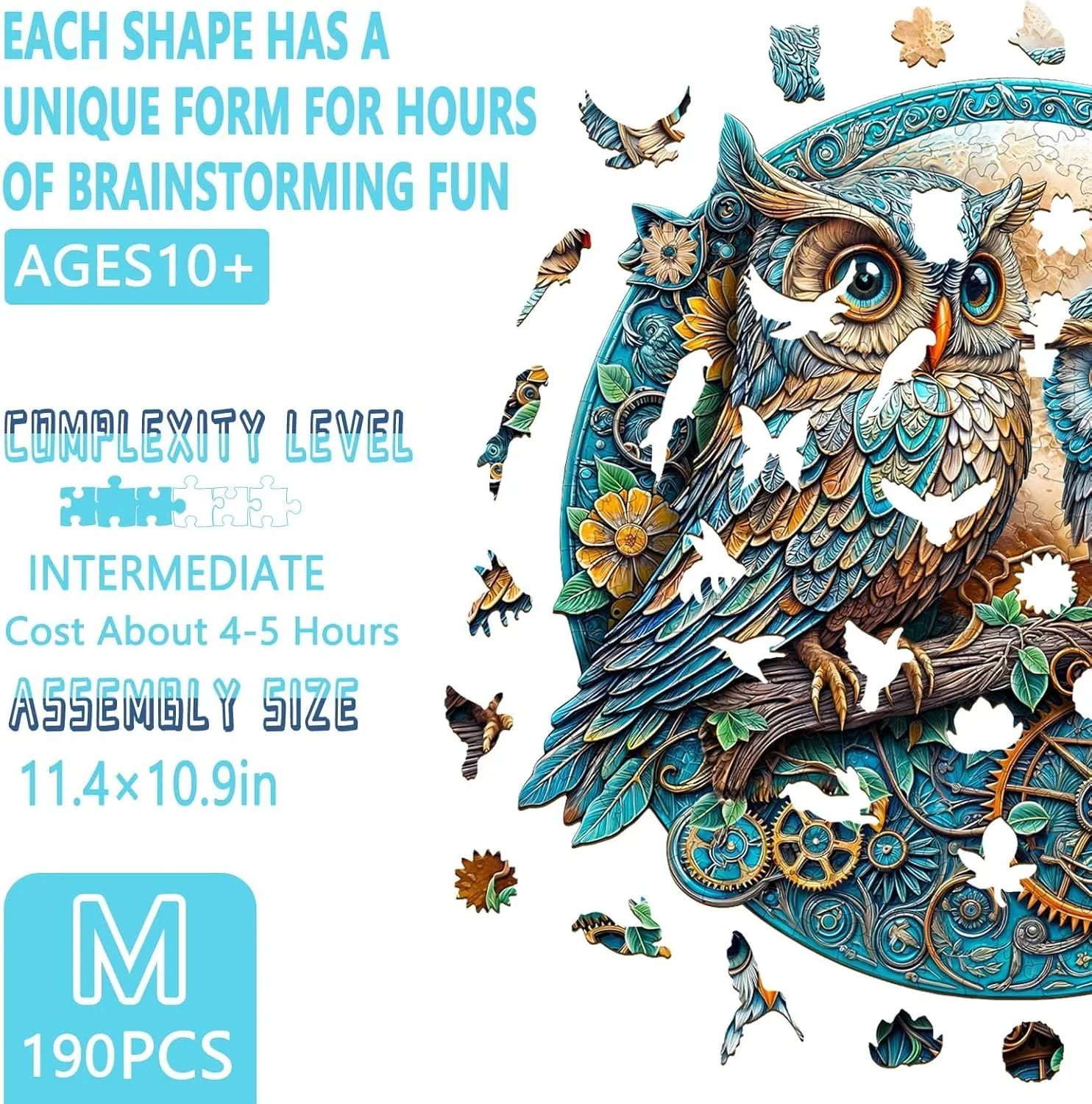 Wooden Puzzles for Adults - Embossed Owl Puzzle, Unique Shape Wooden Jigsaw Puzzle for Adults, Wood Puzzles Adult, Good Gift Idea for Family, Wall Art Home Decor (M-11.4 * 10.9in -190 Pieces)