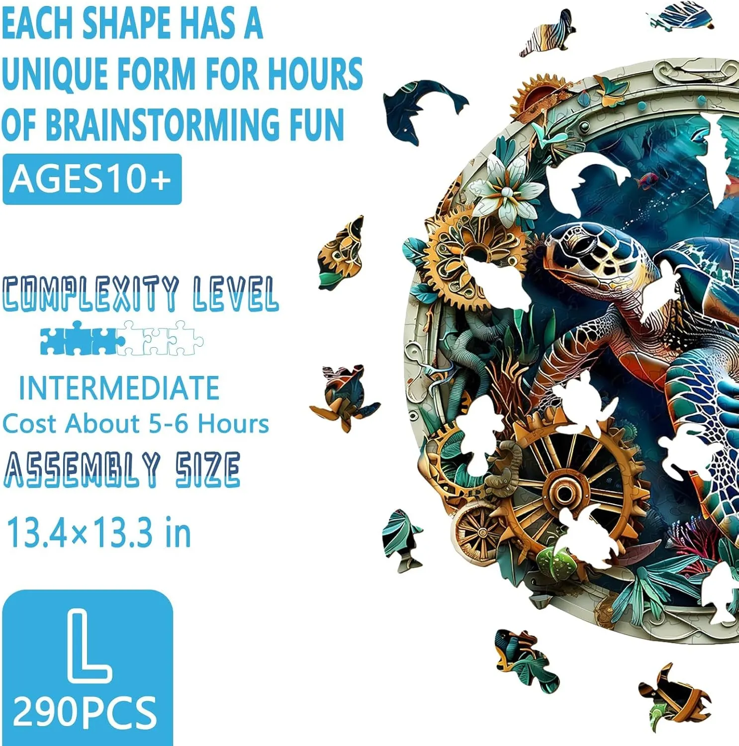 Wooden Puzzles for Adults, Embossed Sea Turtle Puzzle for Adults, Unique Shaped Wooden Jigsaw Puzzle, Wood Puzzles Adult, Fun Gifts for Friends & Family, Wall Art Canvas (L-13.4 * 13.3in -290 Pcs)
