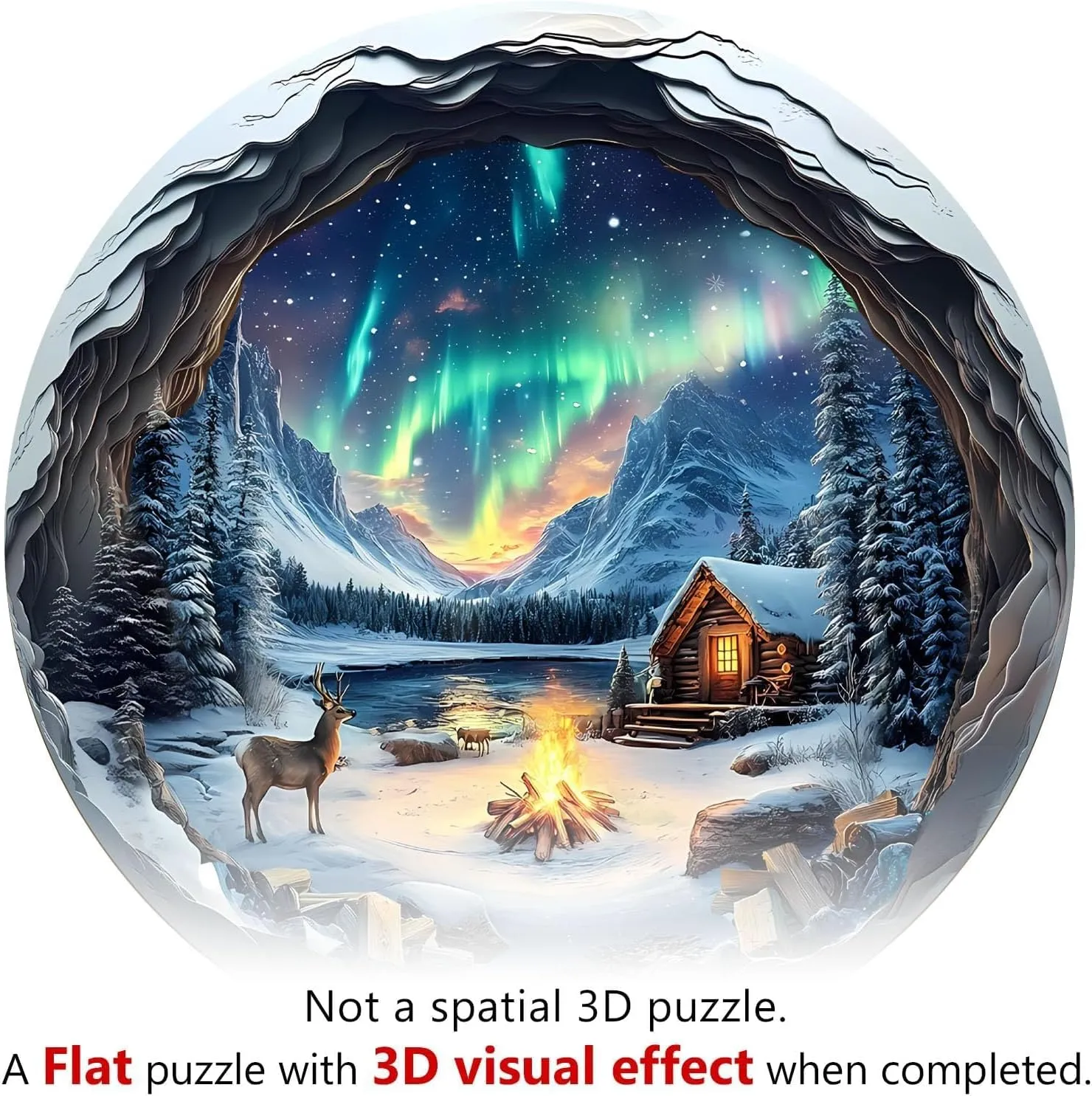 Wooden Puzzles for Adults, Flat Puzzle with 3D Visual Effect, Aurora World Wooden Jigsaw Puzzles for Adults 300 Pieces, Winter Wood Puzzles Adult, Unique Shape, Wall Art Canvas Puzzle (L-13.4*13.4in)