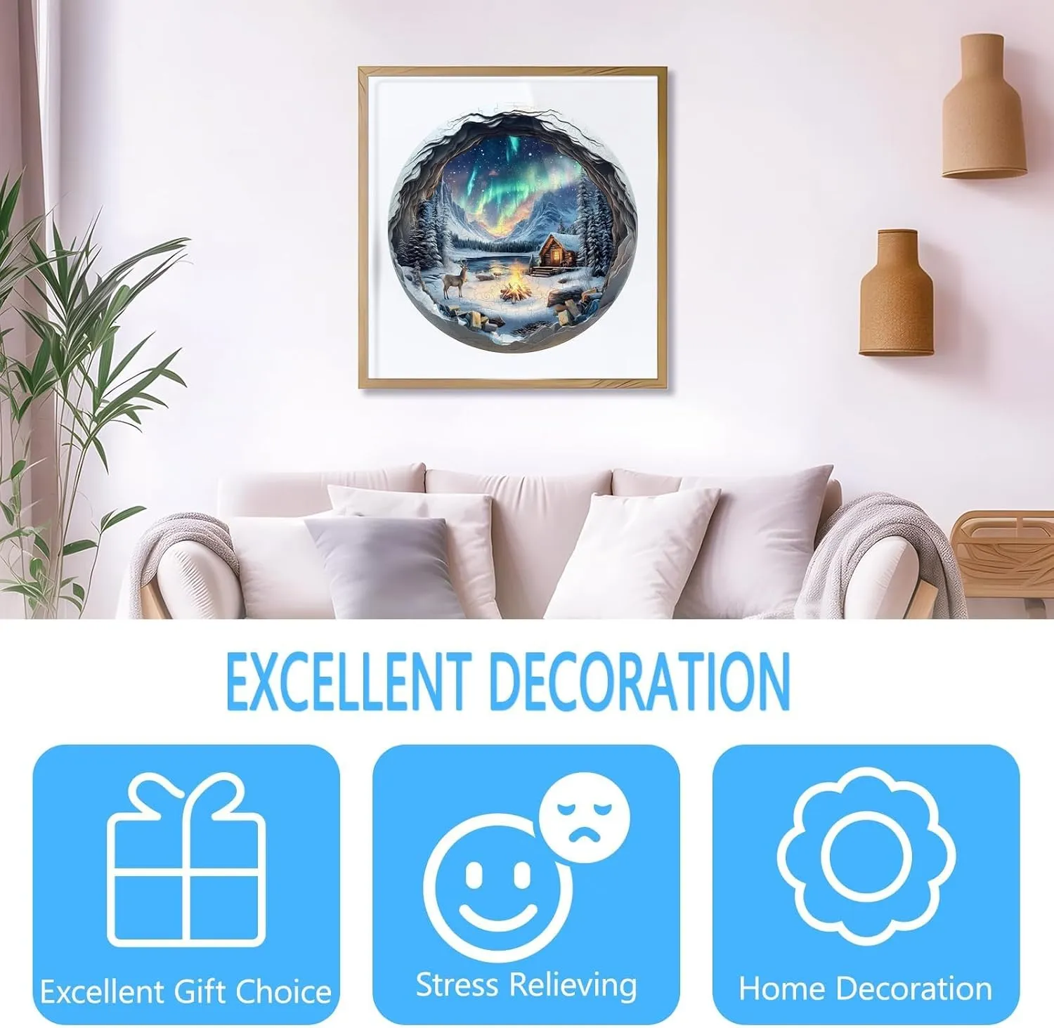 Wooden Puzzles for Adults, Flat Puzzle with 3D Visual Effect, Aurora World Wooden Jigsaw Puzzles for Adults 300 Pieces, Winter Wood Puzzles Adult, Unique Shape, Wall Art Canvas Puzzle (L-13.4*13.4in)