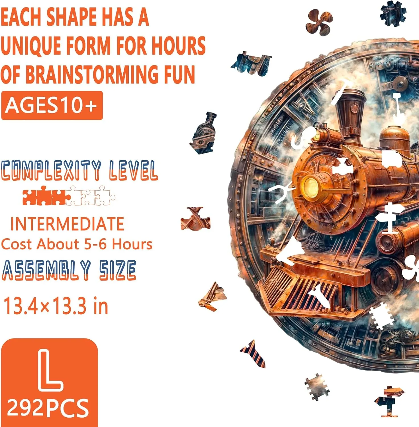 Wooden Puzzles for Adults - Mechanical Train Puzzle, Unique Shape Wooden Jigsaw Puzzle for Adults, Good Gift Idea for Family and Friends, Wall Art Home Decor (L-13.4 * 13.3in -292 Pieces)