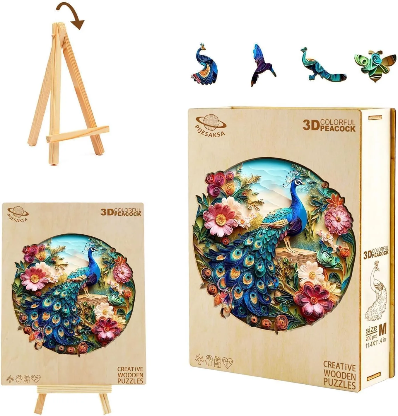 Wooden Puzzles for Adults - Peacock Puzzle 200 Pieces, Flat Puzzle with 3D Visual Effect, Unique Shape Wood Puzzles Adult, Paper Sculpture Modern Art Home Decor, Good Gift Idea (M-11.4 * 11.4in)