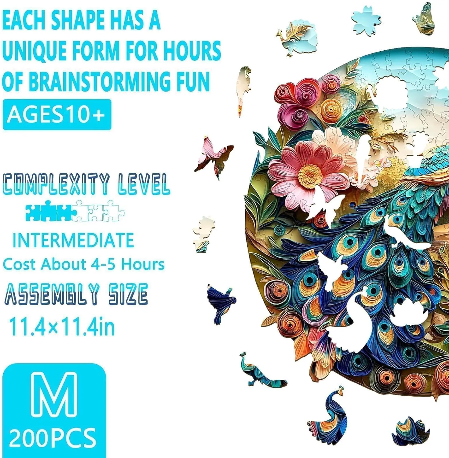 Wooden Puzzles for Adults - Peacock Puzzle 200 Pieces, Flat Puzzle with 3D Visual Effect, Unique Shape Wood Puzzles Adult, Paper Sculpture Modern Art Home Decor, Good Gift Idea (M-11.4 * 11.4in)