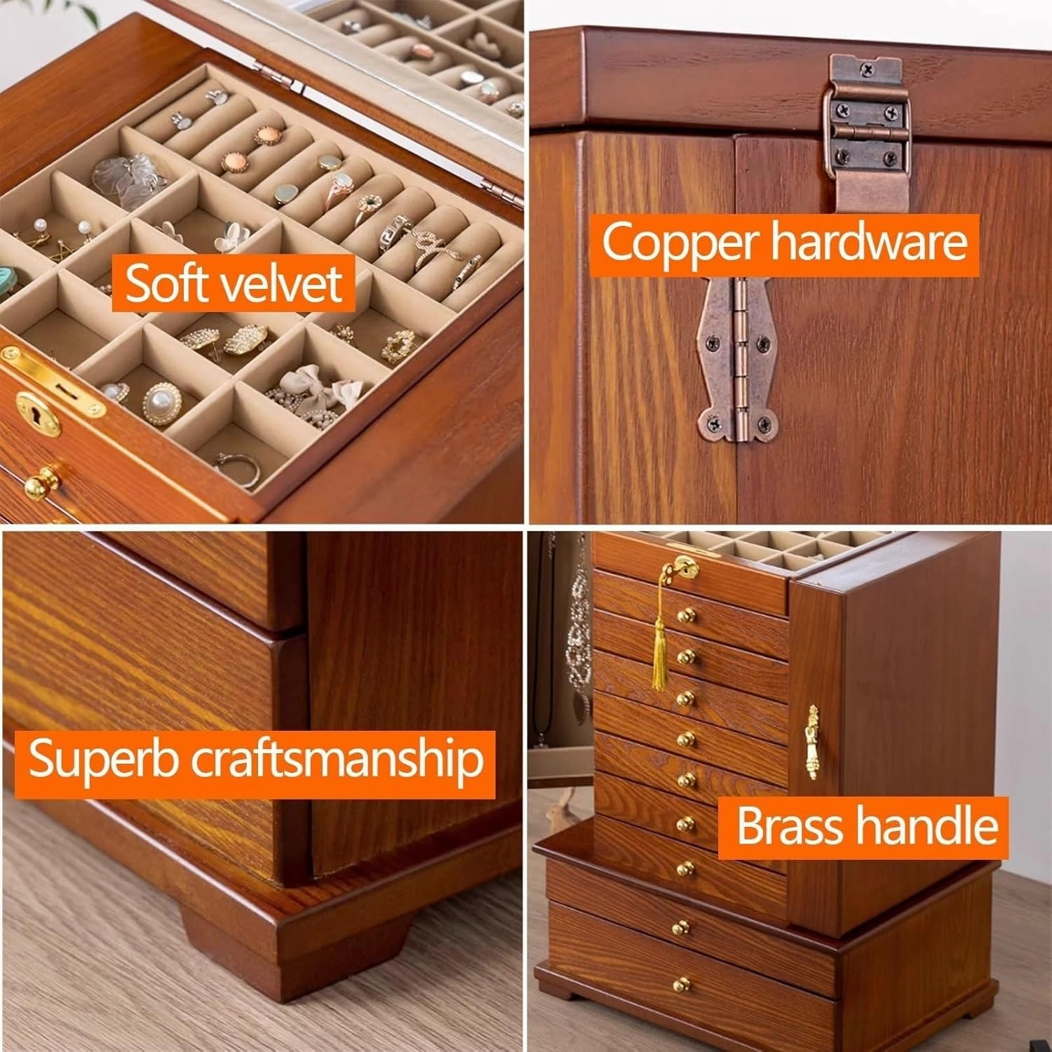 Wooden Jewelry Box w/ 10 Layers – Velvet Lining, Brass Hardware & Mirror – Organizer for Necklaces, Rings, Bracelets (B 32 * 24 * 47.5 cm)
