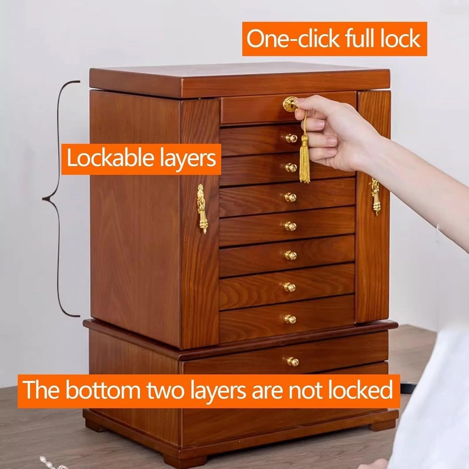 Wooden Jewelry Box w/ 10 Layers – Velvet Lining, Brass Hardware & Mirror – Organizer for Necklaces, Rings, Bracelets (B 32 * 24 * 47.5 cm)