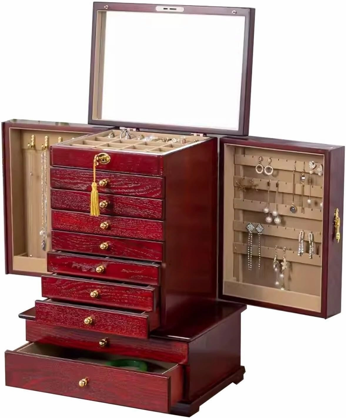Wooden Jewelry Box w/ 10 Layers – Velvet Lining, Brass Hardware & Mirror – Organizer for Necklaces, Rings, Bracelets (B 32 * 24 * 47.5 cm)
