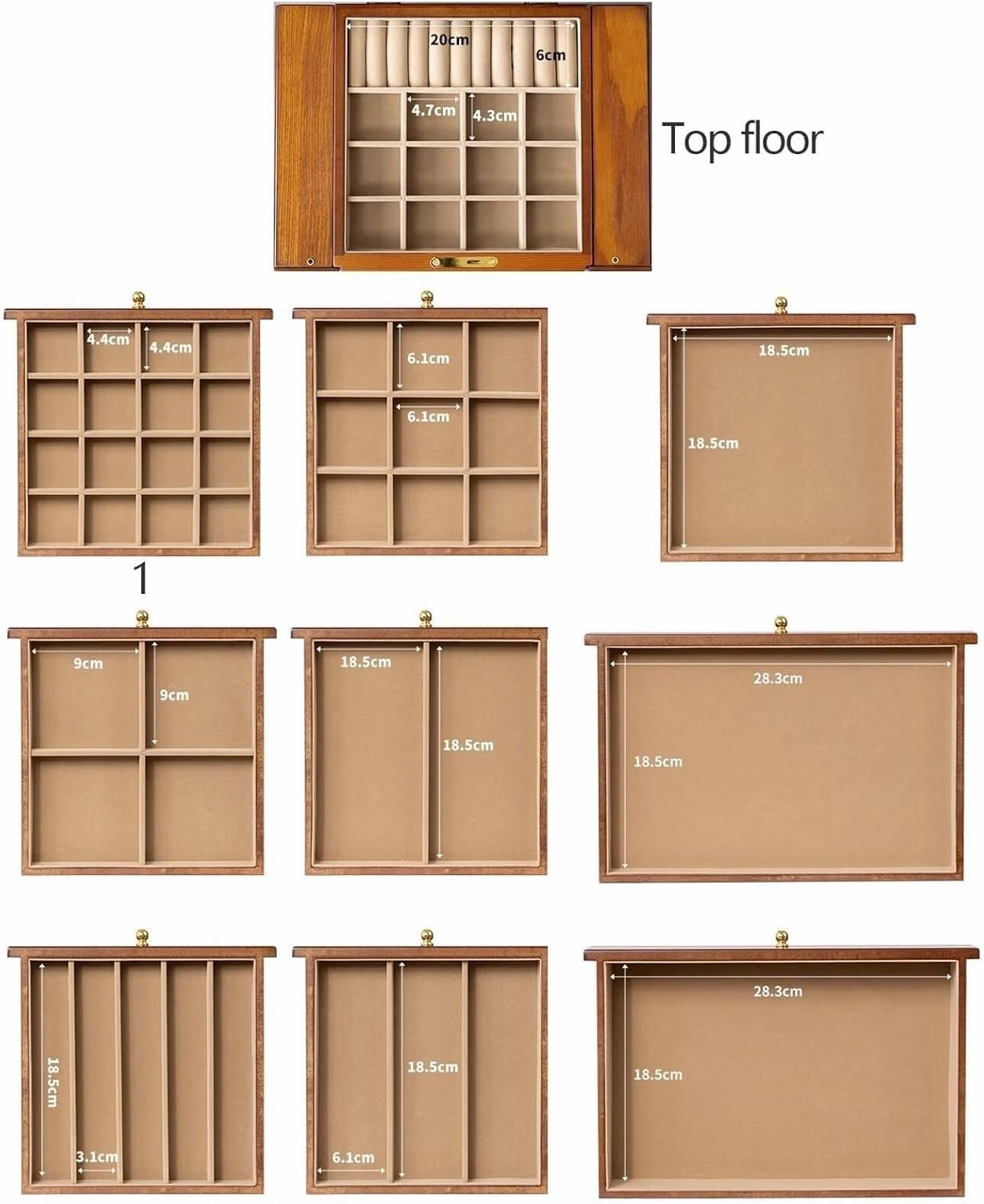 Wooden Jewelry Box w/ 10 Layers – Velvet Lining, Brass Hardware & Mirror – Organizer for Necklaces, Rings, Bracelets (B 32 * 24 * 47.5 cm)