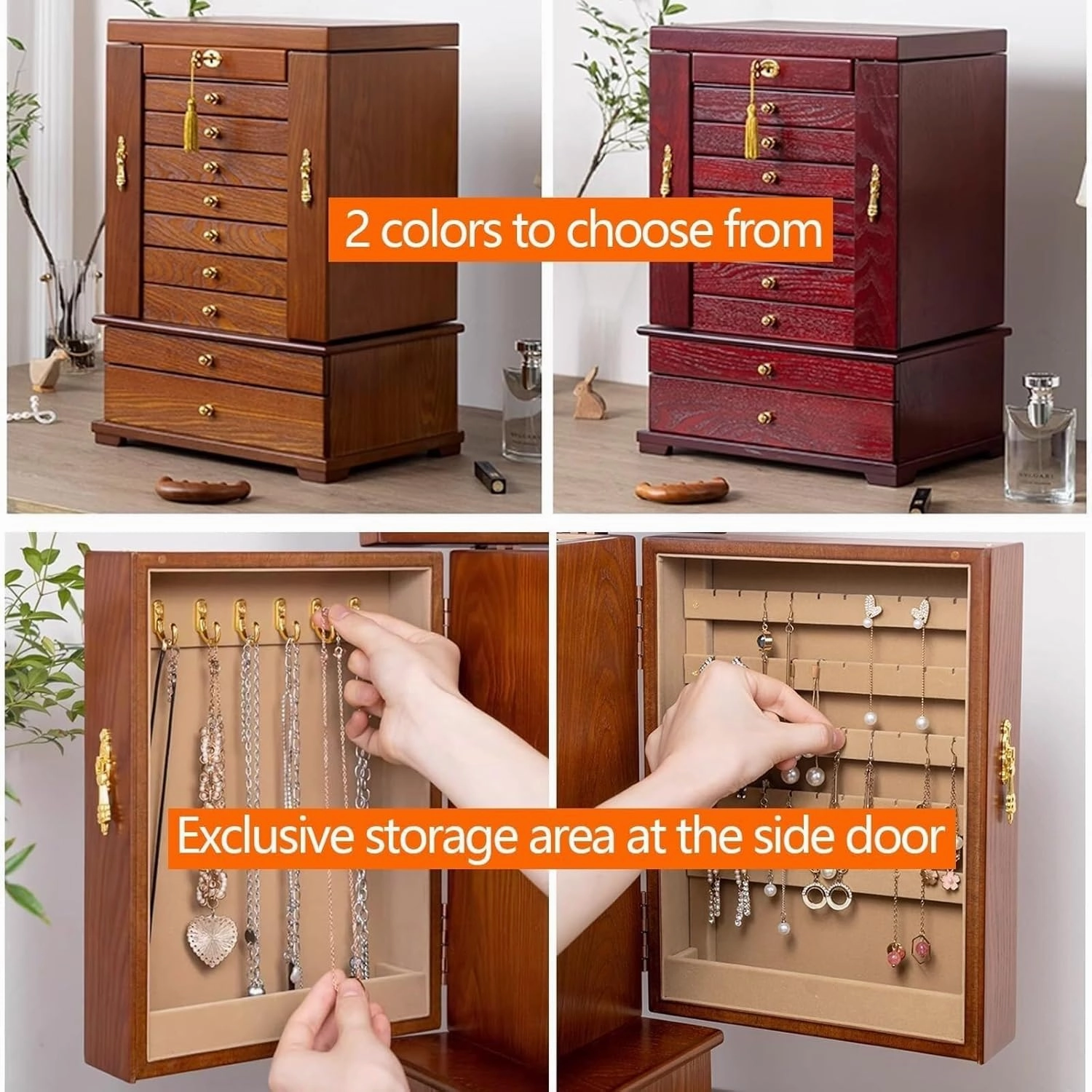 Wooden Jewelry Box w/ 10 Layers – Velvet Lining, Brass Hardware & Mirror – Organizer for Necklaces, Rings, Bracelets (B 32 * 24 * 47.5 cm)