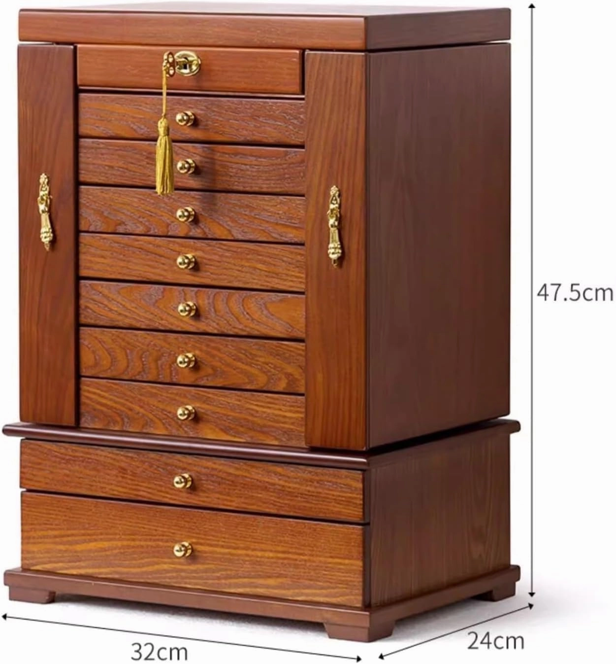 Wooden Jewelry Box w/ 10 Layers – Velvet Lining, Brass Hardware & Mirror – Organizer for Necklaces, Rings, Bracelets (B 32 * 24 * 47.5 cm)