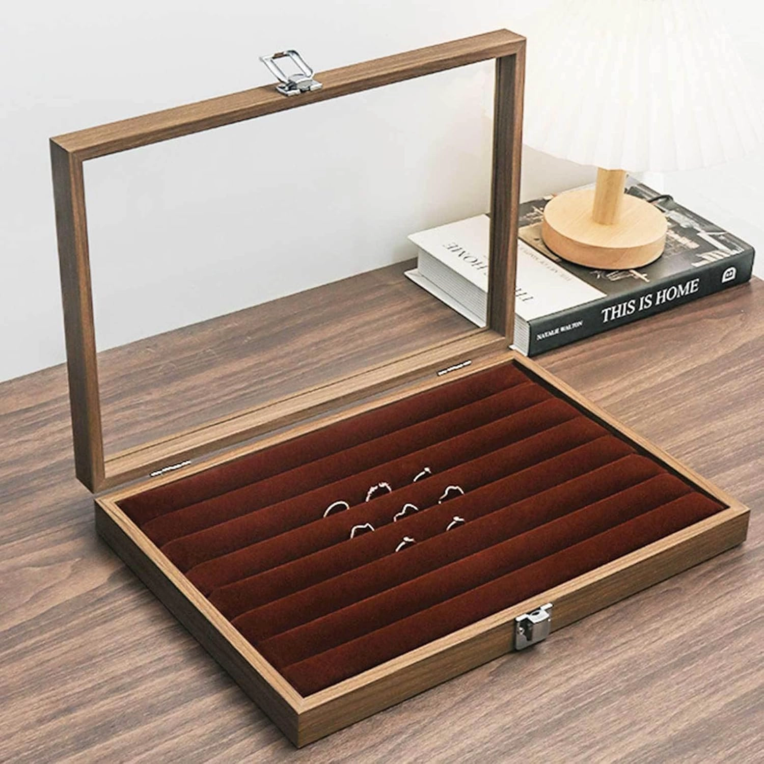 Wooden Jewelry Organizer Box with Clear Glass Lid Jewelry Holder Organizer Velvet Jewelry Storage Case for Women Earrings Rings Necklaces Bracelet Watch,D(A)