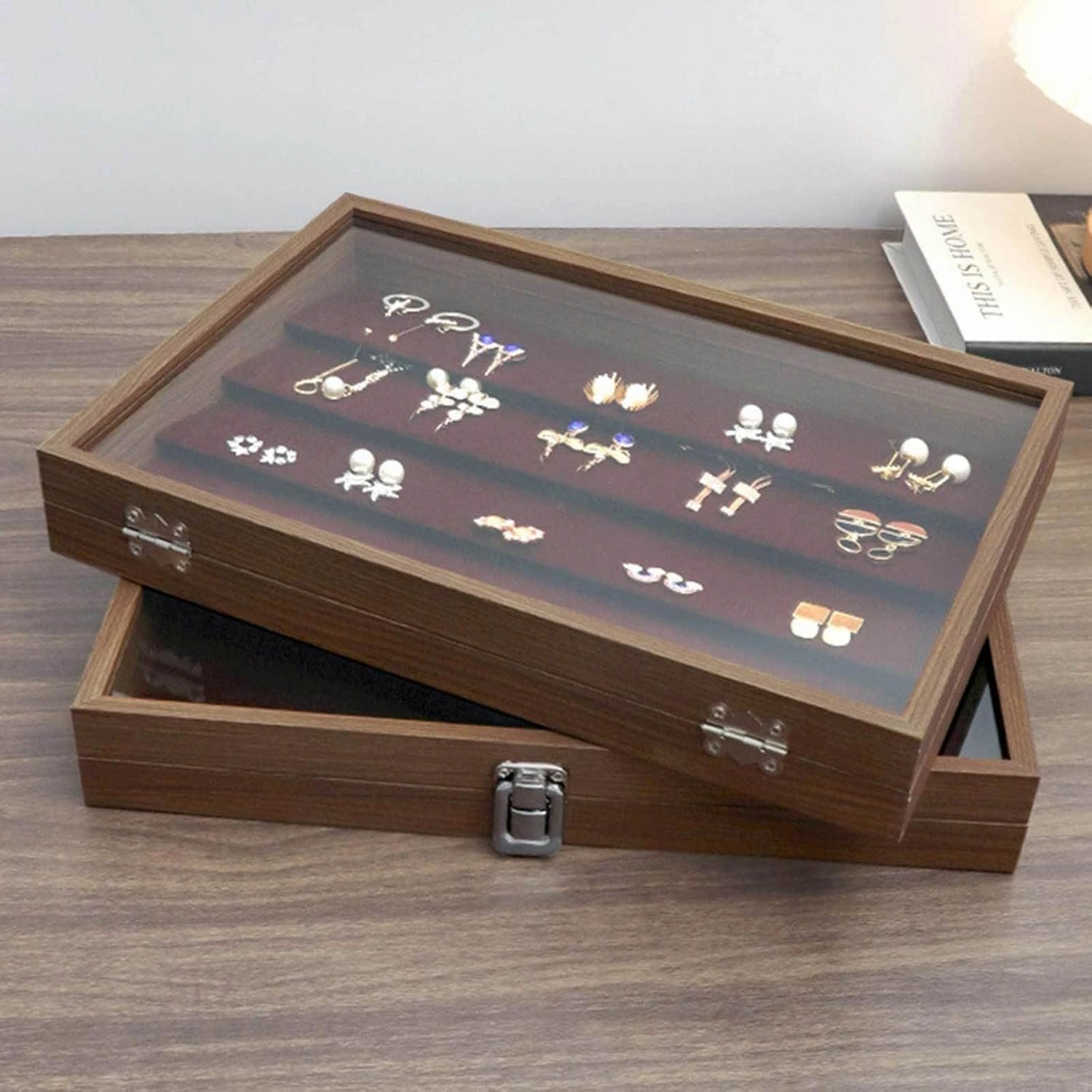 Wooden Jewelry Organizer Box with Clear Glass Lid Jewelry Holder Organizer Velvet Jewelry Storage Case for Women Earrings Rings Necklaces Bracelet Watch,D(A)