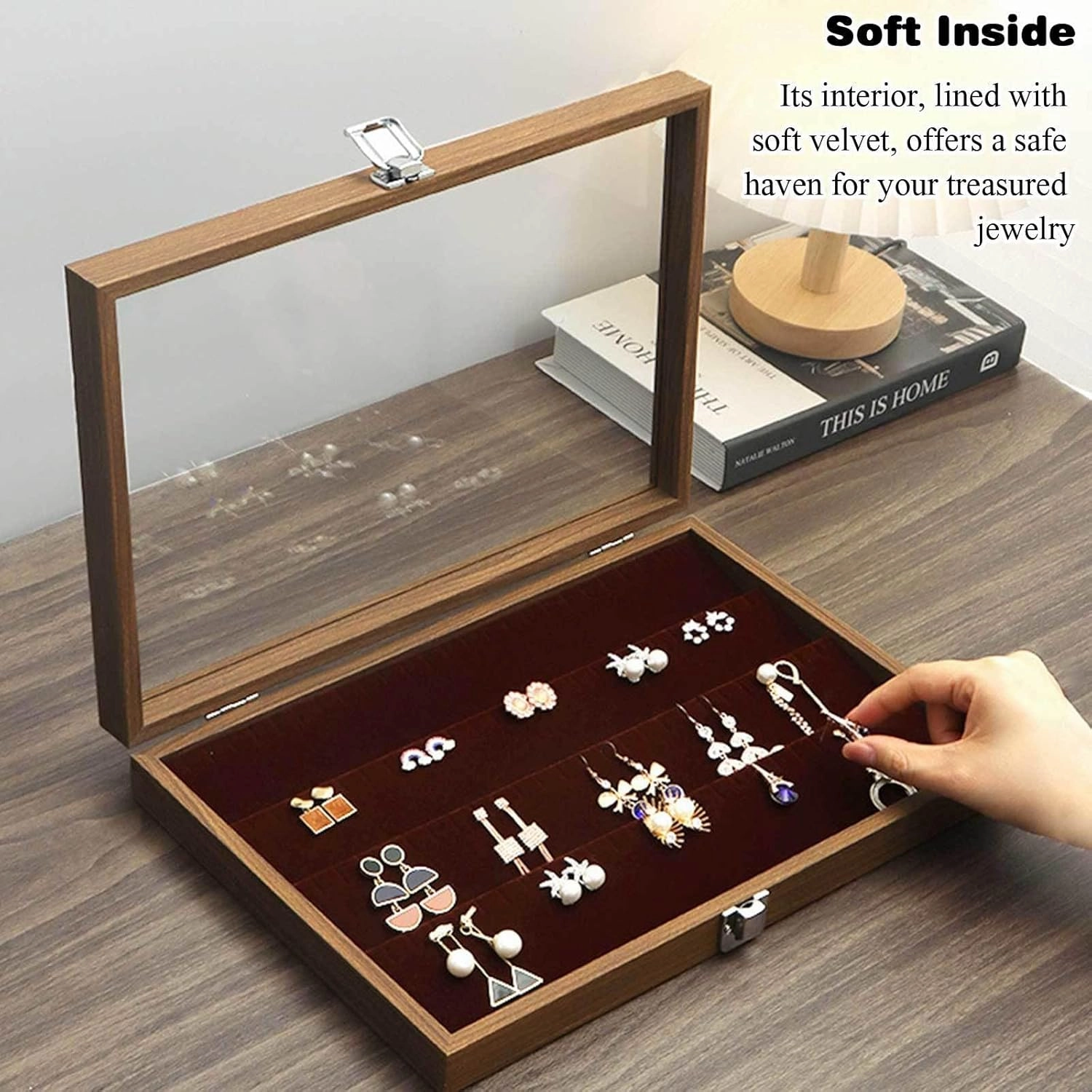 Wooden Jewelry Organizer Box with Clear Glass Lid Jewelry Holder Organizer Velvet Jewelry Storage Case for Women Earrings Rings Necklaces Bracelet Watch,D(C)