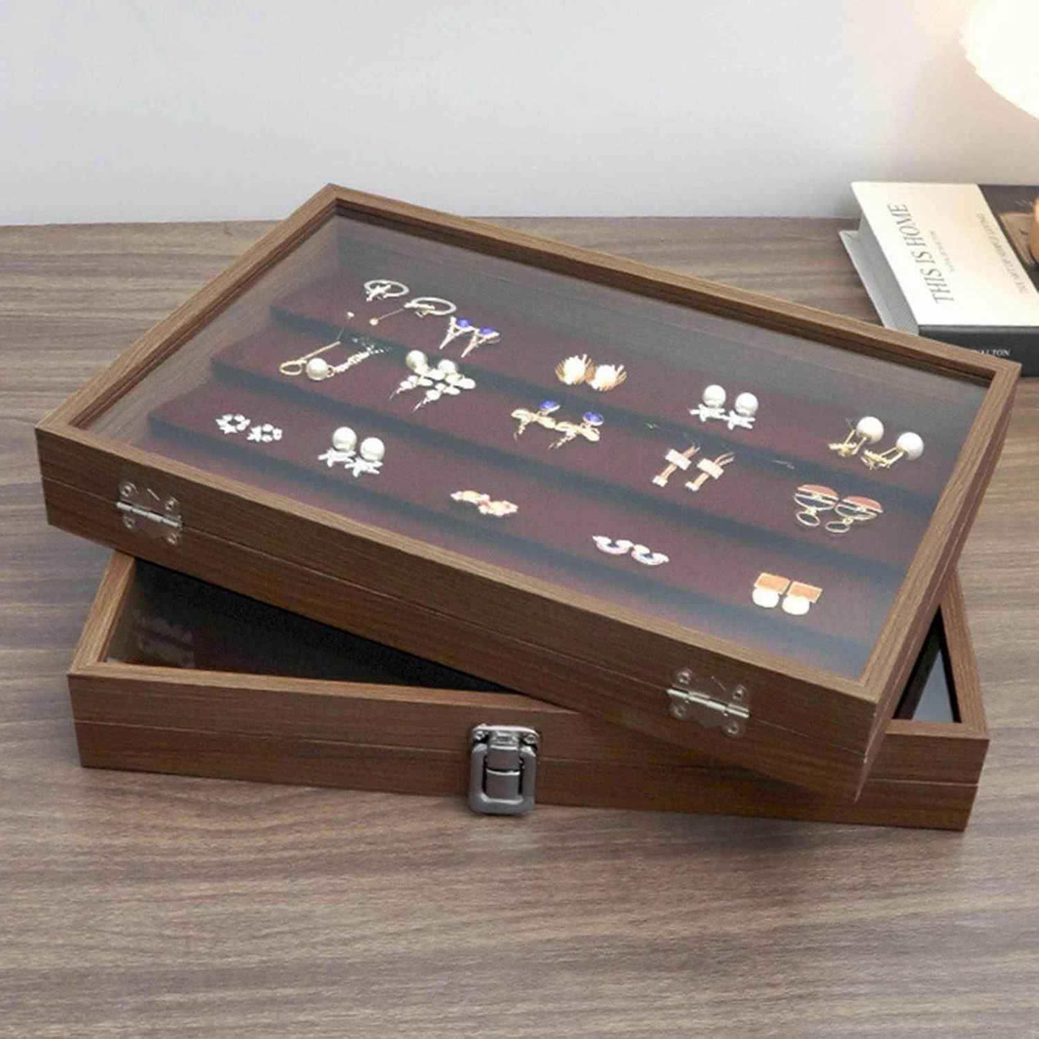 Wooden Jewelry Organizer Box with Clear Glass Lid Jewelry Holder Organizer Velvet Jewelry Storage Case for Women Earrings Rings Necklaces Bracelet Watch,D(C)