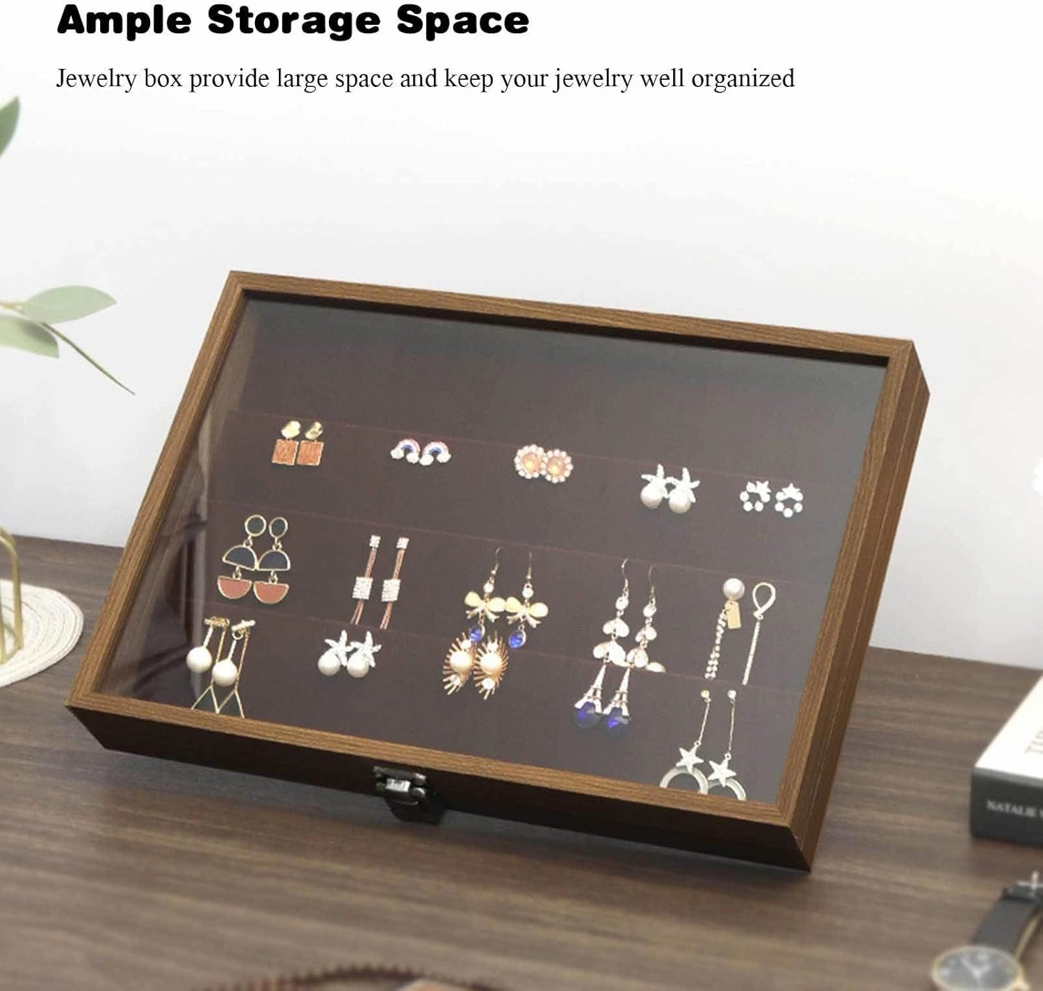 Wooden Jewelry Organizer Box with Clear Glass Lid Jewelry Holder Organizer Velvet Jewelry Storage Case for Women Earrings Rings Necklaces Bracelet Watch,D(C)