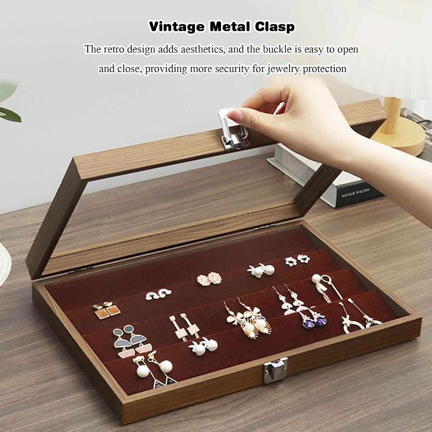 Wooden Jewelry Organizer Box with Clear Glass Lid Jewelry Holder Organizer Velvet Jewelry Storage Case for Women Earrings Rings Necklaces Bracelet Watch,D(C)