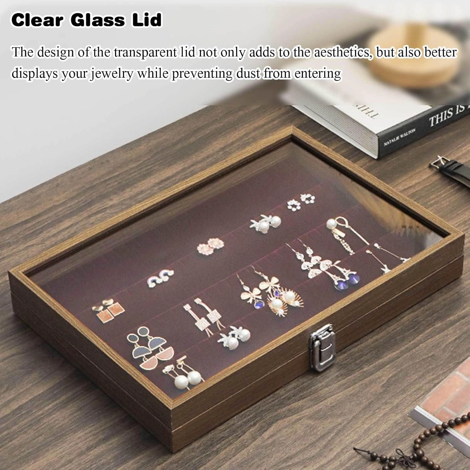 Wooden Jewelry Organizer Box with Clear Glass Lid Jewelry Holder Organizer Velvet Jewelry Storage Case for Women Earrings Rings Necklaces Bracelet Watch,D(C)