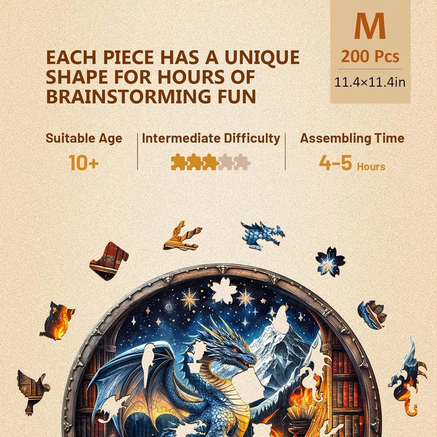 Wooden Jigsaw Puzzles for Adults, Snowy Library Dragon Wood Puzzles Adult, Wooden Puzzles for Adults, Unique Shape, Fun Gifts for Friends & Family, Home Decor(M -11.4 * 11.4in-200 pcs)