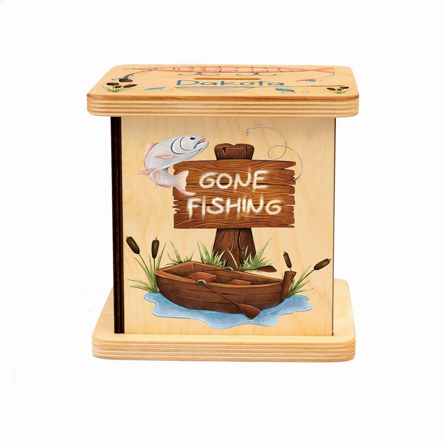 Wooden Piggy Bank for Kids and Adults, Personalized Gift Handmade in USA by BloomOwl, Custom Piggy Bank, Personalized Banks for Kids, Gifts for Baby Boys and Girls (Fishing)