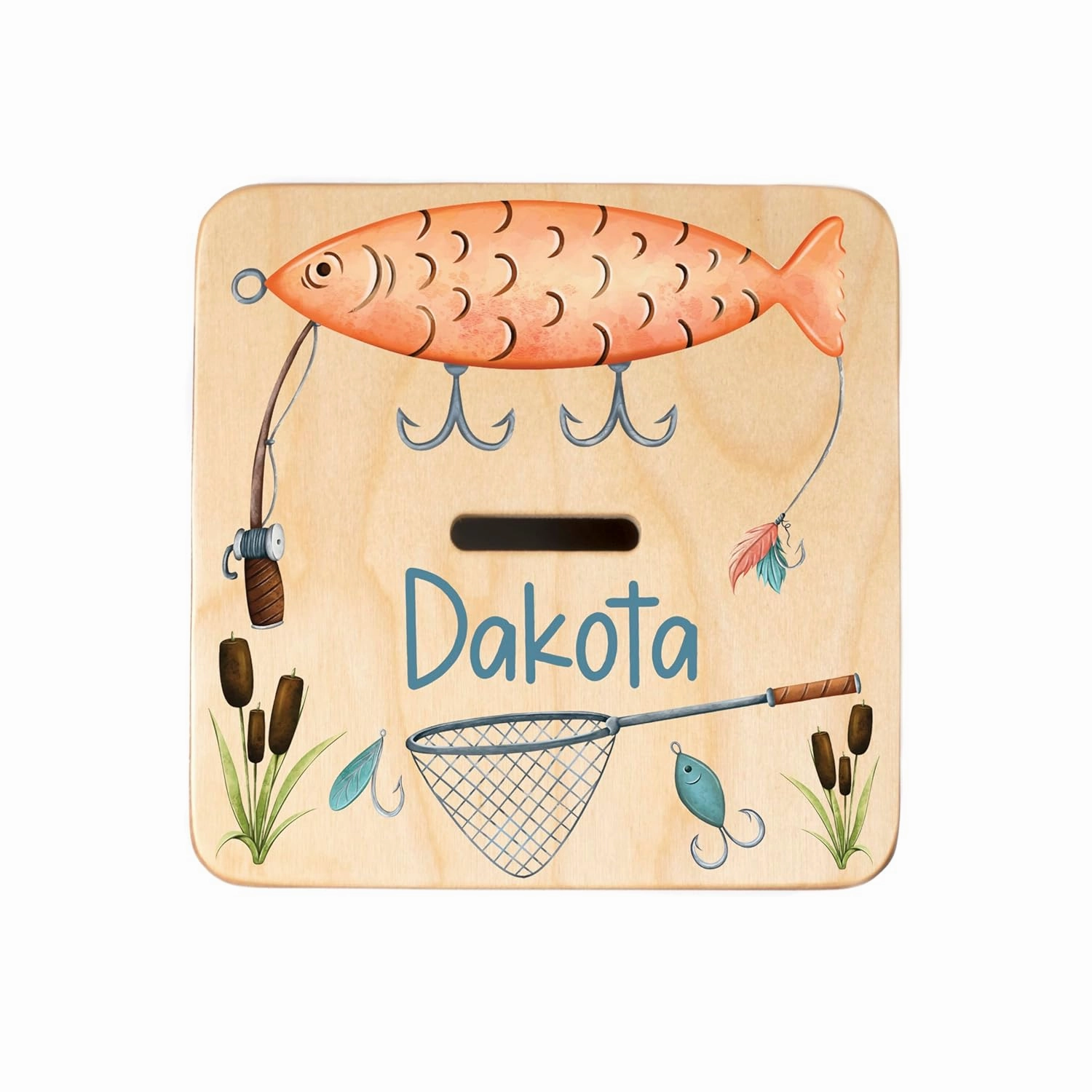 Wooden Piggy Bank for Kids and Adults, Personalized Gift Handmade in USA by BloomOwl, Custom Piggy Bank, Personalized Banks for Kids, Gifts for Baby Boys and Girls (Fishing)