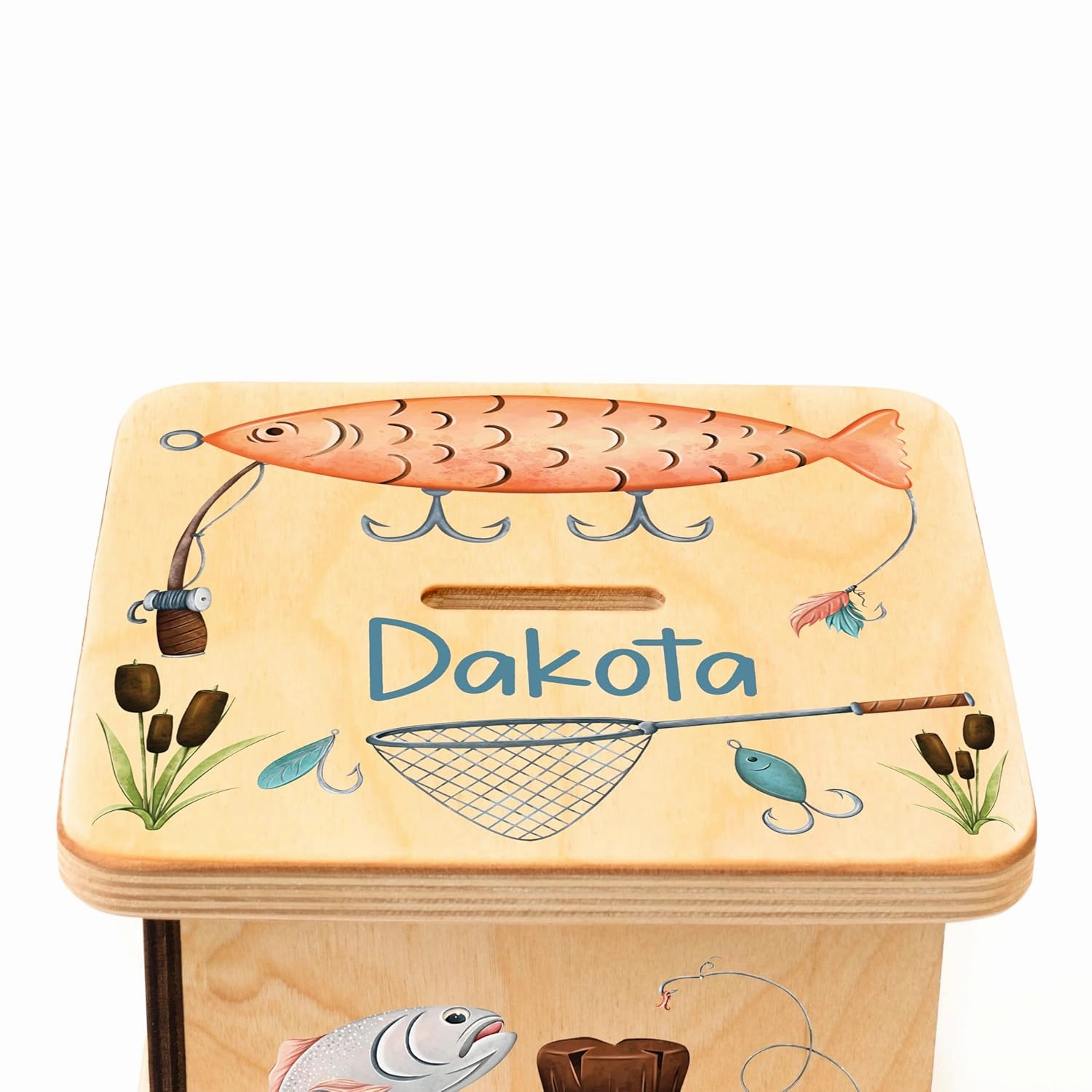 Wooden Piggy Bank for Kids and Adults, Personalized Gift Handmade in USA by BloomOwl, Custom Piggy Bank, Personalized Banks for Kids, Gifts for Baby Boys and Girls (Fishing)