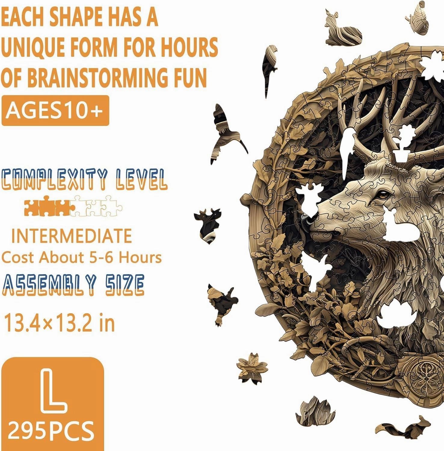 Wooden Puzzles for Adults - Unique Shape Deer Puzzle, Flat Puzzle with 3D Visual Effect, Wood Puzzles Adult, Gift for Family and Friends, Wall Art Home Decor (L-13.4 * 13.2in-295 Pieces)