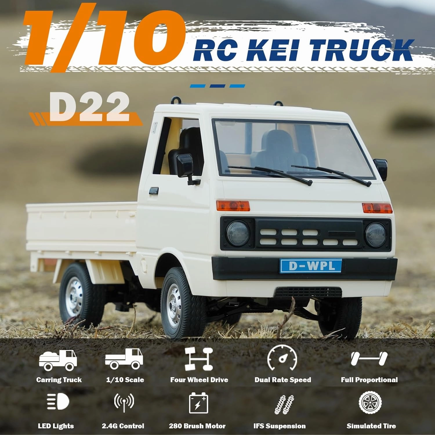WPL D22 RC Kei Truck, 1/10 RWD Off-Road Drift Car, 2.4GHz Remote Control 2WD Carry Pickup Cars with 260 Motor, Proportional Throttle & Steering Dual Rate, RTR Hobby Grade RC Truck for Adults