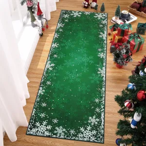 Xmas Long Hallway Runner Rug Christmas Kitchen Runner Rug Washable Floor Carpet Snowflake Decorative Indoor Throw Rug Non-Slip Area Rug for Bedroom Living Room Kitchen Nursery, Green 2' x 6'
