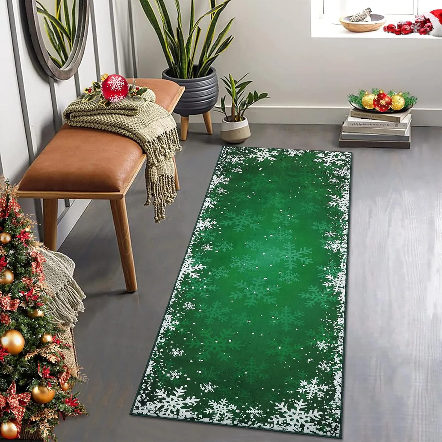 Xmas Long Hallway Runner Rug Christmas Kitchen Runner Rug Washable Floor Carpet Snowflake Decorative Indoor Throw Rug Non-Slip Area Rug for Bedroom Living Room Kitchen Nursery, Green 2' x 6'