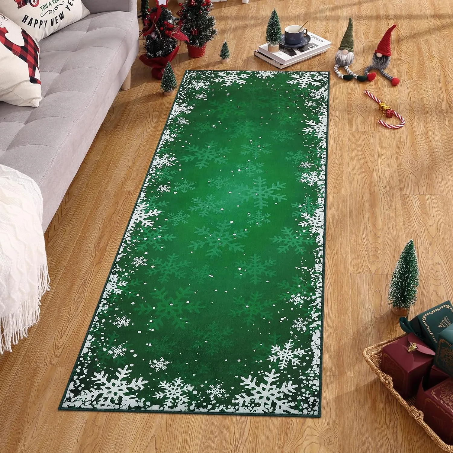 Xmas Long Hallway Runner Rug Christmas Kitchen Runner Rug Washable Floor Carpet Snowflake Decorative Indoor Throw Rug Non-Slip Area Rug for Bedroom Living Room Kitchen Nursery, Green 2' x 6'
