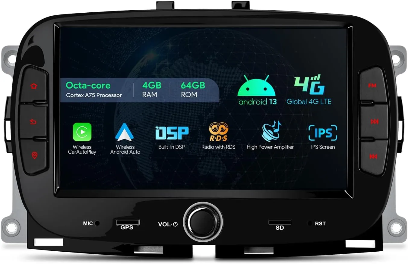 XTRONS Single Din Car Stereo for Fiat 500 2016-2020, Android 13 Octa Core 4GB RAM 64GB ROM Car Radio, 7” IPS Touch Screen GPS Navigation for Car Bluetooth Head Unit DSP Car Play Android Auto 4G LTE